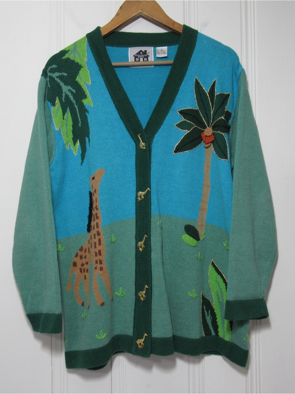 Storybook Knits Green & Blue Giraffe Knit Cardigan Size Large